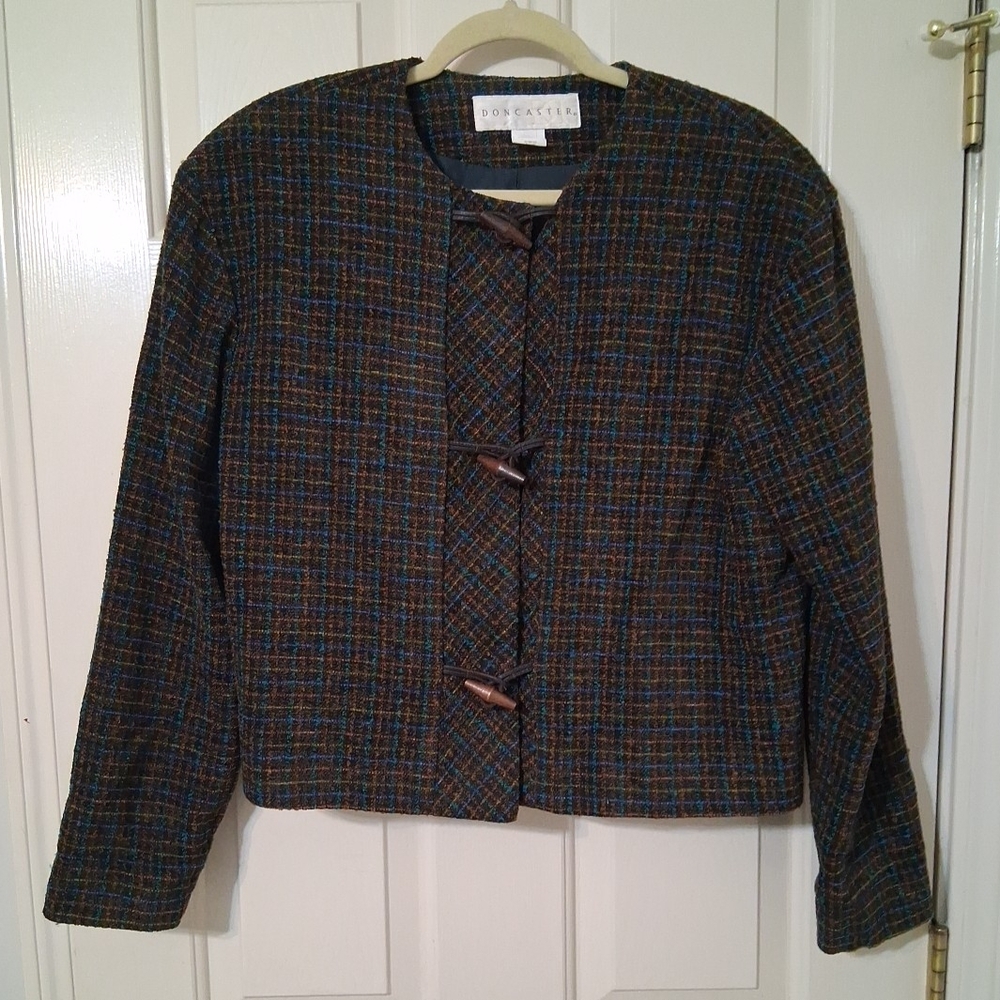 Vintage Doncaster Crop Jacket SZ 12, Tweed Wool Blend Brown Multi Plaid Lined